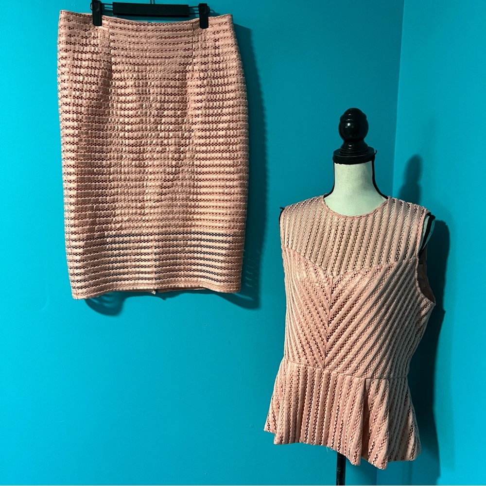 New York & Company L Pink Lace Eyelet Peplum Top Skirt Set